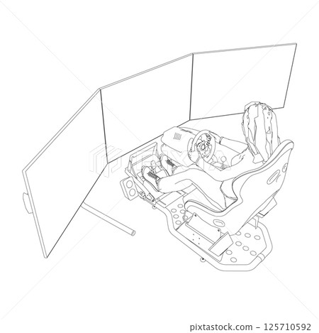 Outline of a girl sitting at a realistic gaming simulator with a steering wheel, pedals and three monitors made of black lines isolated on a white background. Side view. Vector illustration. 125710592