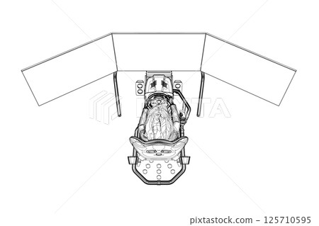 Outline of a girl sitting at a realistic gaming simulator with a steering wheel, pedals and three monitors made of black lines isolated on a white background. Front view. Vector illustration. 125710595