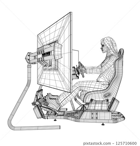 Wireframe of a girl sitting at a realistic gaming simulator with a steering wheel, pedals and three monitors made of black lines isolated on a white background. Side view. Vector illustration. 3D. 125710600