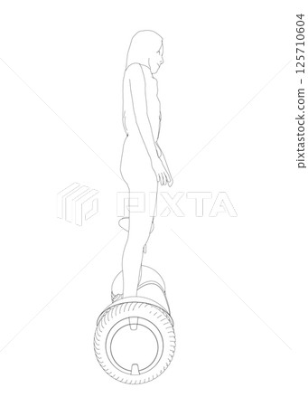 Outline of a girl standing on a segway made of black lines isolated on a white background. Girl riding a segway. Side view. Vector illustration. 125710604