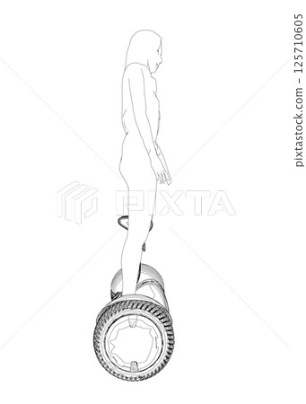 Outline of a girl standing on a segway made of black lines isolated on a white background. Girl riding a segway. Front view. Vector illustration. Outline of a girl standing on a segway made of black lines isolated on a white background. Girl riding a segway. Front view. Vector illustration. 125710605