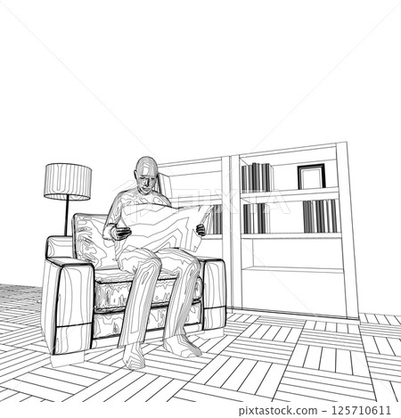 Outline of man sitting in armchair and reading newspaper in room with lamp and bookcase with books made of black lines isolated on white background. Vector illustration. Outline of man sitting in armchair and reading newspaper in room with lamp and bookcase with books made of black lines isolated on white background. Vector illustration. 125710611