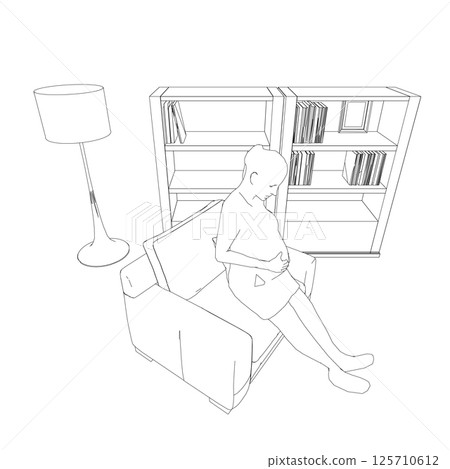 Pregnant woman outline sitting on chair made of black lines isolated on white background. Room with bookcase and chair with pregnant girl. Vector illustration. 125710612