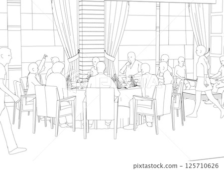 Outline of people sitting in restaurant on chairs and sofa from black lines isolated on white background. Restaurant interior. Perspective view. Vector illustration. Outline of people sitting in restaurant on chairs and sofa from black lines isolated on white background. Restaurant interior. Perspective view. Vector illustration. 125710626
