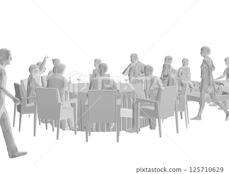 Polygonal model of people sitting in restaurant on chairs and sofa isolated on white background. Restaurant interior. Perspective view. Vector illustration. 3d 125710629