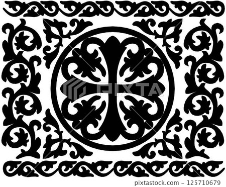 Silhouette Vintage baroque frame scroll ornament engraving border floral retro pattern antique style acanthus foliage swirl decorative design element filigree calligraphy. 125710679