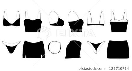 Swimwear woman bikini, short dress set. Silhouette of women's underwear isolated on white background. Front, side, back view. Vector illustration. 125710714
