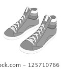 Vector illustration of shoes isolated on white background for kids coloring book. Stylish high-top sneakers with laces in classic black and white design 125710766