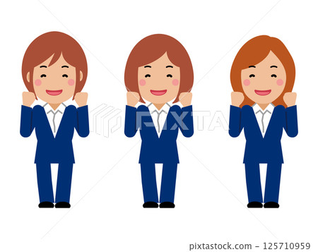 A young woman in a navy blue suit cheering on 125710959