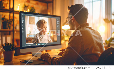Father video calling his child from a sleek office, digital background on screen.Generated image 125711200