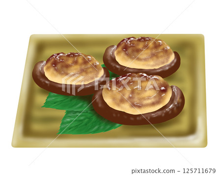 Hand-drawn illustration of meat-stuffed shiitake mushrooms 125711679