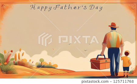 Father holding a toolbox and child beside him. Fathers Day illustration. Generated image 125711768