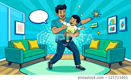 Young dad dancing in the living room with his little child. Generated image 125711801