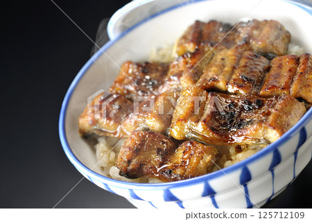 Hot unadon photographed against a black background 125712109