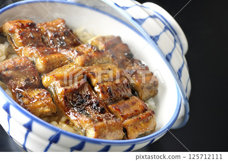 Hot unadon photographed against a black background Hot unadon photographed against a black background 125712111