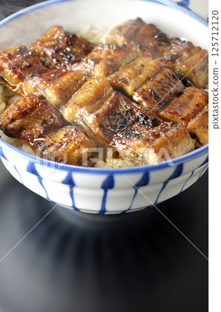 Hot unadon photographed against a black background Hot unadon photographed against a black background 125712120