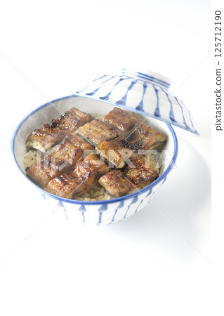 Hot eel bowl photographed on white background Hot eel bowl photographed on white background 125712190