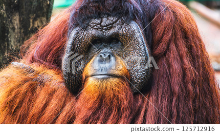 Close-up of the face of majestic orangutan, striking large face flangs with long reddish fur. Head resting on its hand at Dehiwala Zoo, Sri Lanka. Close-up of the face of majestic orangutan, striking large face flangs with long reddish fur. Head resting on its hand at Dehiwala Zoo, Sri Lanka. 125712916