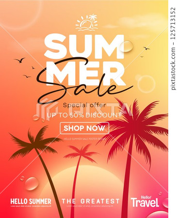 Summer sale, coconut tree silhouette, water drop and sunset on orange background 125713152