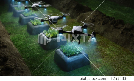 A drone is flying over a field of plants 125713361