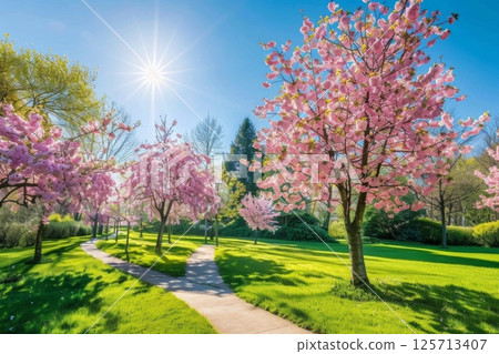 Cherry Blossom Trees in a Sunny Garden 125713407