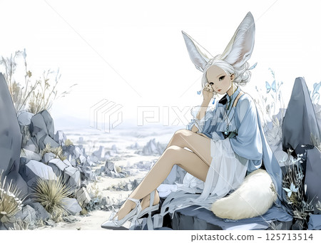 耳廓狐仙子在沙漠中休息的插圖素材 125713514