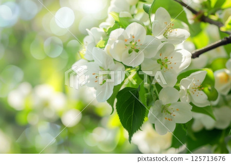 A beautiful white flower with green leaves 125713676