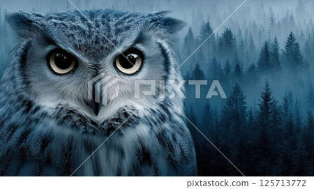 Owl with crystal clear eyes in misty forest, intense gaze, detailed feathers, mysterious mood Owl with crystal clear eyes in misty forest, intense gaze, detailed feathers, mysterious mood 125713772