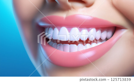 Close-up of a beautiful woman's smiling mouth with white and aligned teeth. Image of whitening and oral care 125713839