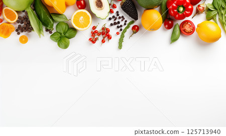 人工智慧生成的逼真圖像，以自上而下的角度擺放在白色桌子上的新鮮、健康的水果和蔬菜 125713940