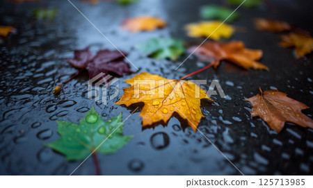 Wet Autumn Leaves Close Up Texture Background 125713985
