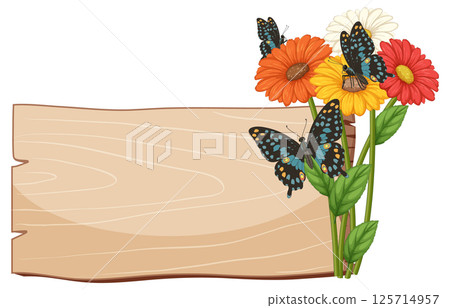 Butterflies and Flowers with Wooden Sign 125714957