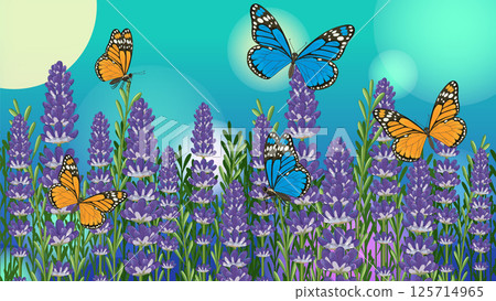Butterflies in a Lavender Field Vector Illustration Butterflies in a Lavender Field Vector Illustration 125714965