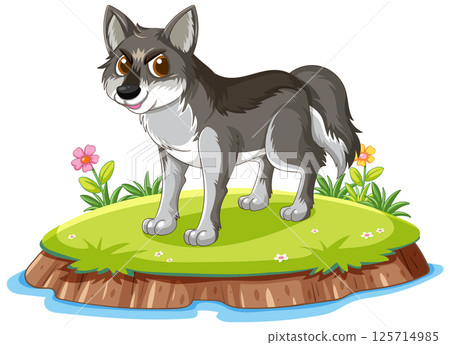 Playful Cartoon Wolf on a Grassy Island Playful Cartoon Wolf on a Grassy Island 125714985