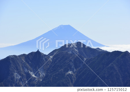 從山梨縣海駒岳黑部山脊眺望富士山與鳳王三山 從山梨縣海駒岳黑部山脊眺望富士山與鳳王三山 125715012