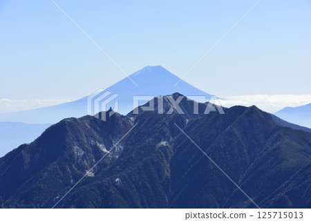 從山梨縣海駒岳黑部山脊眺望富士山與鳳王三山 從山梨縣海駒岳黑部山脊眺望富士山與鳳王三山 125715013