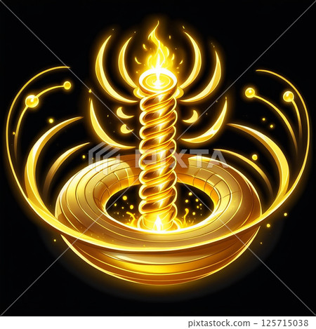 Brilliant golden spiral tower radiating glowing light surrounded by magical swirls in an enchanting dark background creating a mystical atmosphere. 125715038