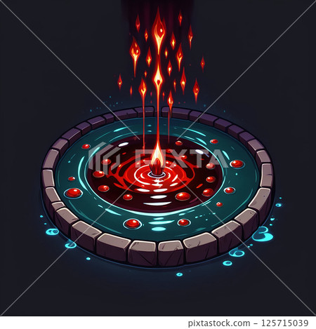 Eerie portal swirling with red and blue hues, emitting fiery sparks, surrounded by stone bricks, creating a mysterious magical atmosphere in a dark setting. 125715039