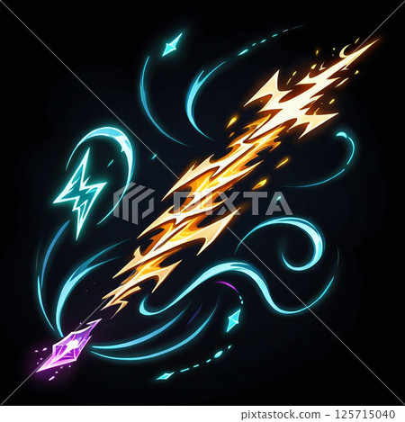 Electric bolts swirling with vibrant colors and dynamic energy against a dark background, featuring sharp lines and abstract shapes that create a sense of motion and excitement. Electric bolts swirling with vibrant colors and dynamic energy against a dark background, featuring sharp lines and abstract shapes that create a sense of motion and excitement. 125715040