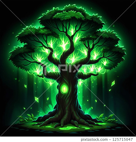 Glowing enchanted tree with bright green leaves surrounded by mystical lights in a dark forest creating an ethereal and magical atmosphere evokes wonder and nature's beauty. 125715047
