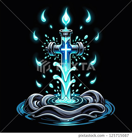 Glowing blue cross with water splashing around, illuminated droplets, dark background, artistic representation of faith and spirituality, intricate details, and vibrant colors. 125715087