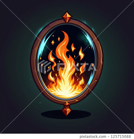Reflective mirror with fiery flames glowing inside, surrounded by a dark background and ornate frame, creating an enchanting and magical atmosphere, perfect for fantasy-themed artwork. 125715088