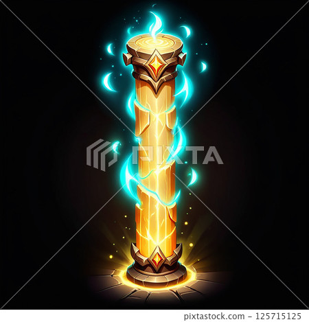 Illuminated golden pillar surrounded by glowing blue orbs, radiating mystical energy with a dark background that enhances its vibrant colors and ornate design. 125715125