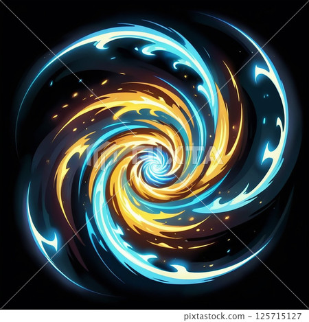 Spiraling vortex of vibrant blue and golden flames against a black background creating a dynamic, visually striking effect with swirling motion and energy. Spiraling vortex of vibrant blue and golden flames against a black background creating a dynamic, visually striking effect with swirling motion and energy. 125715127