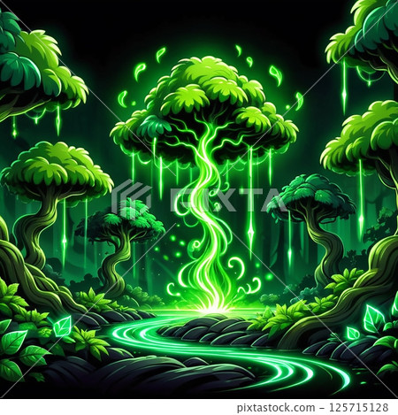 Lush green forest with glowing trees and vibrant foliage reflecting in a tranquil stream beneath a mystical, enchanting atmosphere and serene lighting effects. 125715128