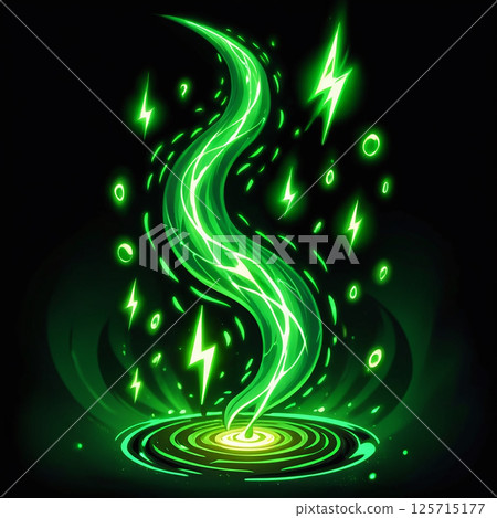 Spiraling green energy swirl surrounded by glowing lightning bolts and dynamic light particles bringing an enchanting and mystical visual effect on a dark background. Spiraling green energy swirl surrounded by glowing lightning bolts and dynamic light particles bringing an enchanting and mystical visual effect on a dark background. 125715177
