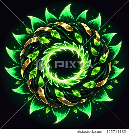 Lush green leaves entwined with golden ribbons forming a mystical circular pattern illuminated against a dark background, creating a captivating and vibrant visual. Lush green leaves entwined with golden ribbons forming a mystical circular pattern illuminated against a dark background, creating a captivating and vibrant visual. 125715185