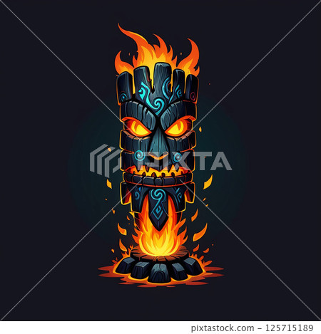 Vibrant totem pole with fiery flames and intricate designs illuminated against a dark background invoking a mystical and tribal aesthetic for art lovers and enthusiasts. Vibrant totem pole with fiery flames and intricate designs illuminated against a dark background invoking a mystical and tribal aesthetic for art lovers and enthusiasts. 125715189