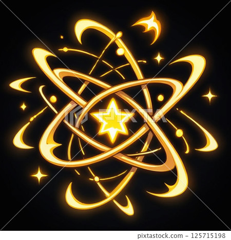 Golden atom symbol with swirling orbits and glowing stars on a black background, representing energy and science in a visually captivating manner. 125715198