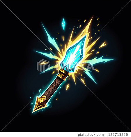Glowing magical spear with a crystal tip and electrifying effects against a dark background radiating light and energy. 125715256